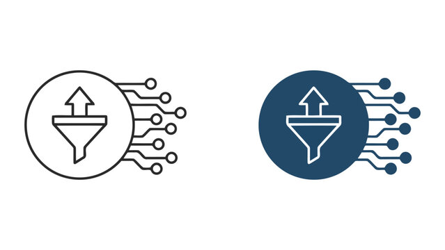 Data funnel icon with integrated digital circuit nodes representing automated information processing and systematic data filtering for modern business intelligence and cloud computing software systems
