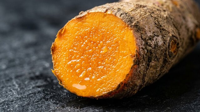 Fresh turmeric root cut open on dark slate surface showing vibrant orange texture
