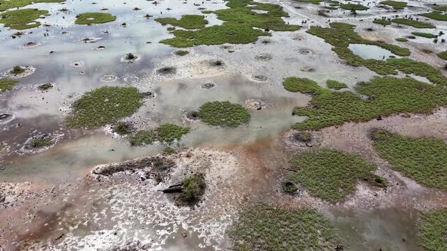 Aerial view of marshy wetland with small vegetated hummocks and shallow water pools.