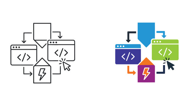 Web development workflow process icons showing code browser and lightning bolt power symbols in outline and colorful flat vector style for software engineering and programming project management