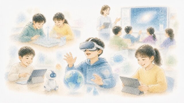 VRやタブレット、ロボットを使って学ぶ現代の子供たちの未来志向の教育シーン水彩画イラスト