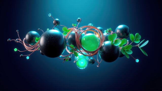 Dark spheres, vibrant green elements, copper wires create abstract composition. Glowing orbs suggest energy, growth, connection. Dramatic lighting enhances visual impact.