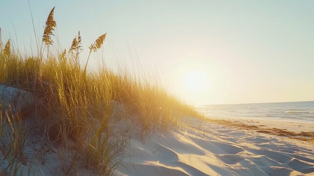 Sunlight patterns on coastal sand dunes with sea grass overlooking the ocean horizon at golden hour
