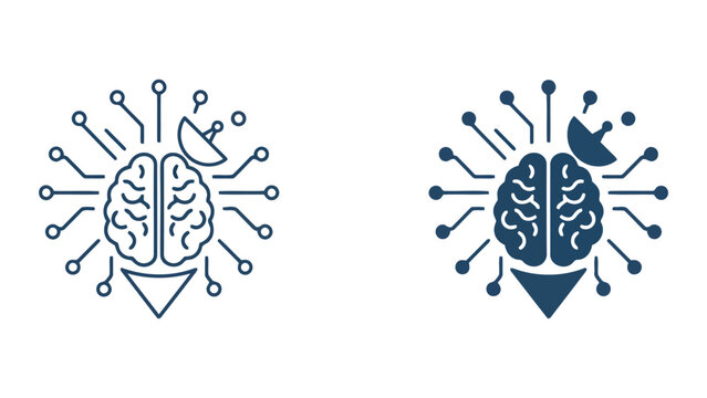 Human brain connected to satellite dish and digital circuits icon set in linear and flat styles for advanced neurotechnology and brain computer interface research concepts on white background