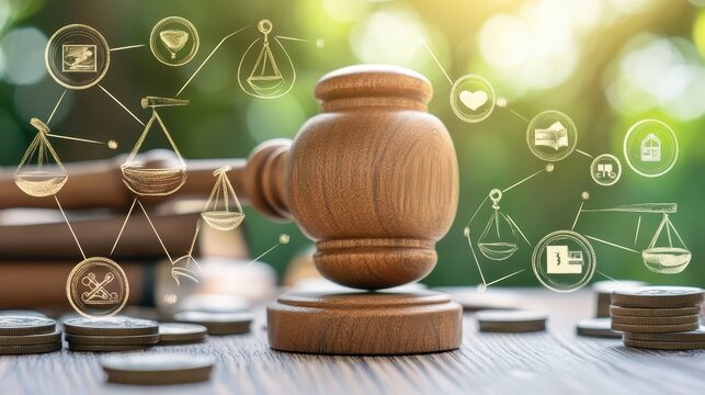 Symbol of Justice and Financial Law with Legal Scales and Gavel on Wooden Surface