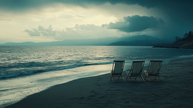 Two empty lounge chairs sit on a serene beach overlooking the calm ocean at sunrise, a tranquil setting for relaxation.