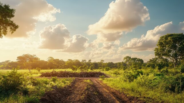 Vast cleared land and cut trees in a deforested area with a dirt path leading towards lush green vegetation under a bright, cloudy sky