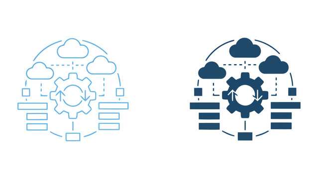 Cloud computing server synchronization gear icon representing data management and network infrastructure in a clean vector graphic design for modern enterprise technology solutions