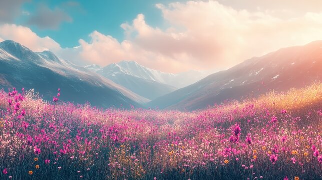 Vast mountain valley overflowing with vibrant seasonal flowers under a soft colorful sky
