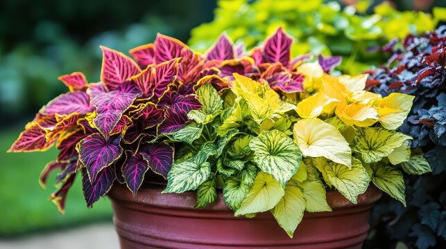 Vibrant Arrangement of Colorful Foliage Plants in a Garden Container