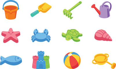 Cute beach toys and sandcastle vector icon set featuring bucket shovel rake watering can starfish crab turtle seashell fish and ball for kids illustration © Ms