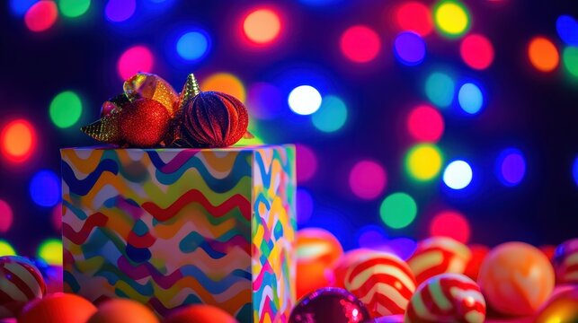 Vibrant Christmas Ornaments and Gift Box Against a Backdrop of Colorful Festive Lights