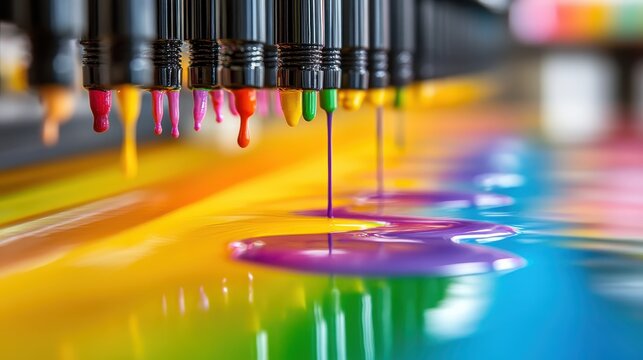 Precision Inkjet Printing Process Showcasing Vibrant Color Droplets Forming an Abstract Rainbow Pattern