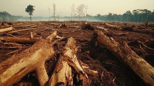 Vast area of deforested land with felled trees and stumps in foreground, showcasing environmental destruction and ecological impact.