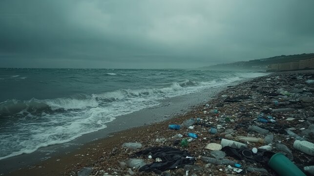 Plastic pollution litters a desolate beach with an overcast sky and stormy ocean waves.