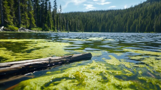 Vibrant green algae bloom covering the surface of a tranquil forest lake with a fallen log, showcasing natural growth.