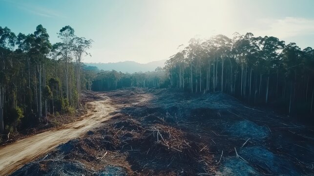 Vast areas of cleared forest for logging operations seen from aerial view with sunlight