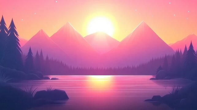 Vibrant sunset and sunrise over majestic mountains illuminating a tranquil lake with warm radiant colors