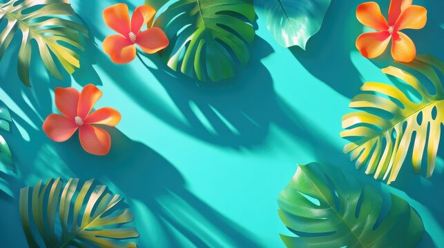 Vibrant Tropical Paradise with Orange Flowers and Green Leaves Casting Shadows on a Teal Surface