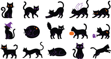 Obraz premium Halloween black cats collection spooky vector illustrations for autumn and october designs