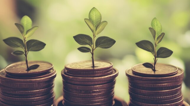 Young green sprout emerging from stacked coins symbolizing financial growth and investment success