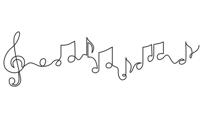 Obraz premium Continuous line art of musical notes with treble clef. Single line drawing of music symbols for creative composition, sound, and artistic melody concept.