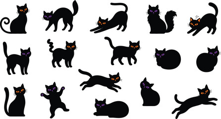 Fototapeta premium Halloween black cats silhouettes with orange and purple eyes