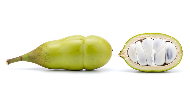 Whole and sliced fresh inga edulis fruit isolated on a white background in a clean studio style