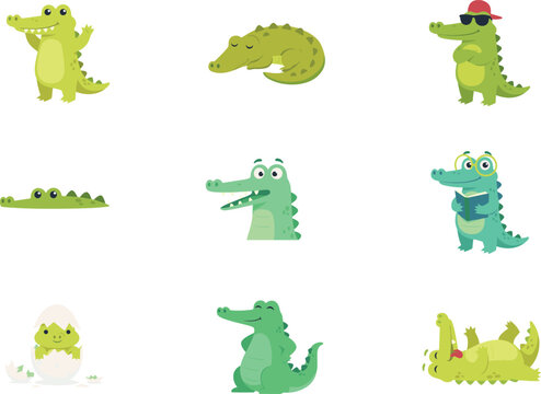 Cute cartoon crocodile character vector set featuring friendly alligator icons reading wearing sunglasses sleeping and hatching from an egg isolated on white background