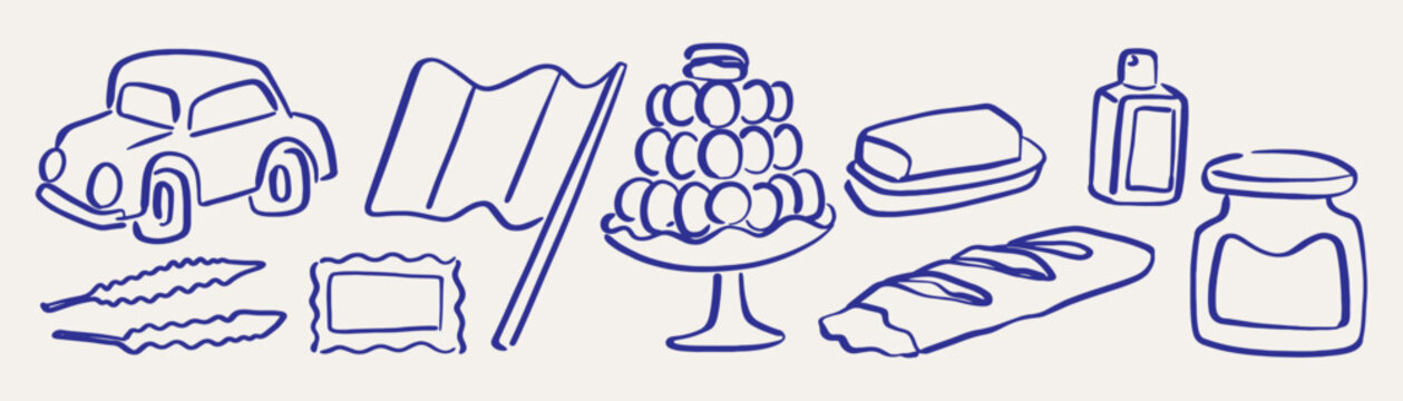 French elements flavors, macarons, flags, stamps, bread, perfume. Simple vector ink doodle lines.