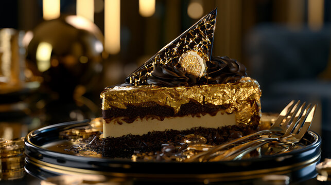 Decadent gold chocolate layer cake with creamy frosting and chocolate ganache on an elegant dessert plate in a luxury restaurant setting
