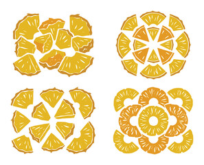 Fototapeta premium Four unique arrangements of pineapple segments in yellow and orange, crafted in a block print style.
