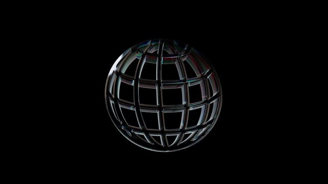 Shiny metallic wireframe globe on black background 3d icon