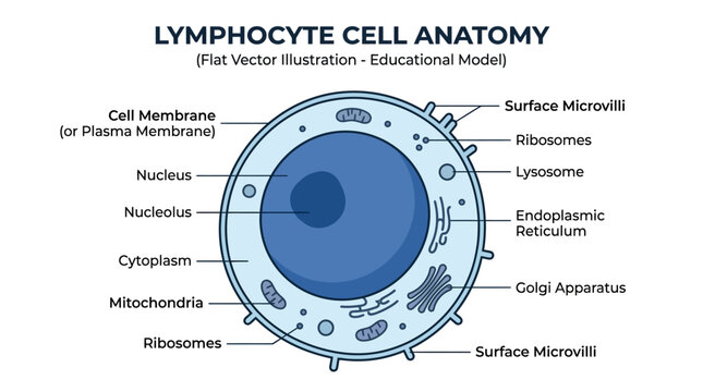 Detailed flat vector illustration of a lymphocyte cell anatomy with labeled components on a white background.