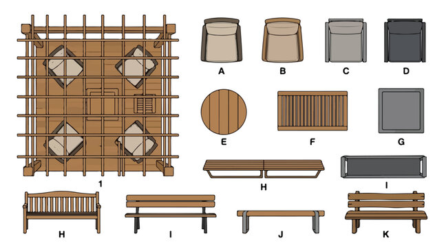 Outdoor furniture vector set, top view garden patio elements, wooden pergola and park bench icons for landscape design and architectural floor plans