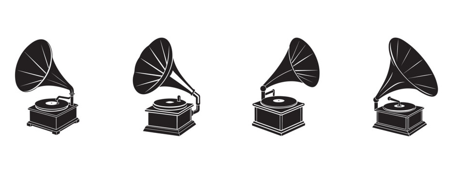 gramophone illustrations in different angles  vintage music players with horn and turntable  old record players