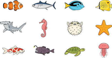 Cute sea animals and ocean fish vector icon set featuring clownfish shark seahorse pufferfish starfish koi turtle and jellyfish cartoon graphic illustration © Ms