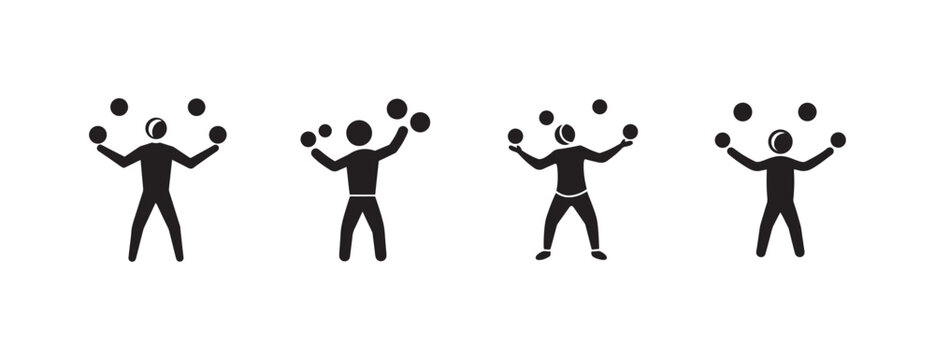 stick figures juggling balls in different poses on white background  various stances and arm movements
