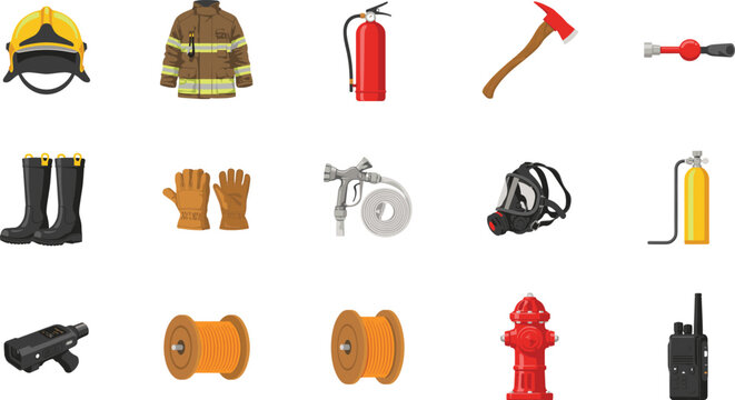 Firefighter equipment and rescue tools collection flat vector icons set with protective uniform gear isolated on white background