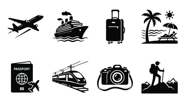Travel and tourism icon set, black silhouette vacation symbols, 8 vector elements for trip planning, transportation and holiday leisure graphics