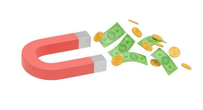Red magnet attracting paper money bills and gold coins in isometric style