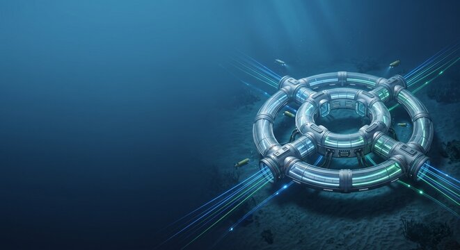 Underwater data center network on ocean floor, sea futuristic infrastructure, deep sea communications technology concept