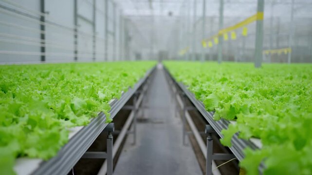 Agro-food production of row growing farm hydroponic greenhouse fresh lettuce leaves. Factory vegetable industrial facility. Farming planting industry agriculture plant.