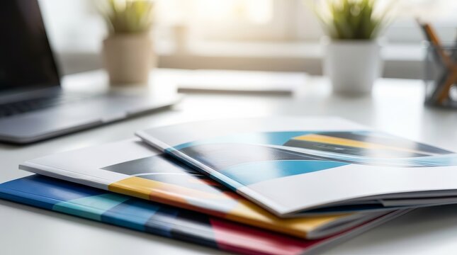 Vibrant print marketing materials and stacked catalogs on a professional office table.
