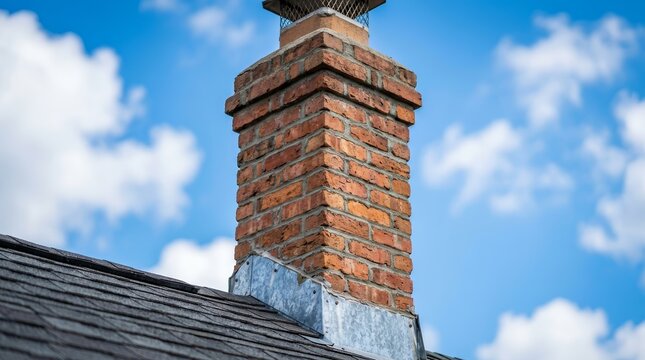 Brick chimney on a roof showing mortar repair and tuckpointing details.