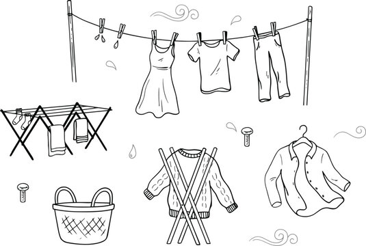 Hand drawn laundry clothesline vector icons set with drying rack clothes pegs and basket on white background