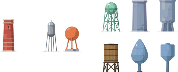 Industrial water tower and storage tank flat vector icons set with agricultural silos isolated on white background © Ms