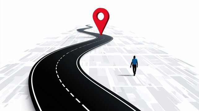 Minimal geometric graphic of back view person walking on winding road with broken white lines, distant red GPS marker as destination endpoint, subtle grey map grid on white plane, clean minimalist com