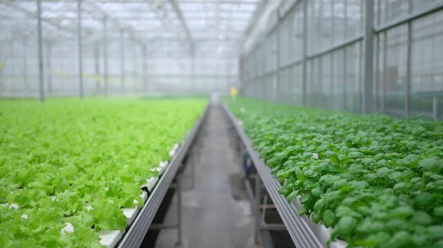 Agro-food production of row growing farm hydroponic greenhouse fresh lettuce leaves and basil. Factory vegetable industrial facility. Farming planting industry agriculture plant.