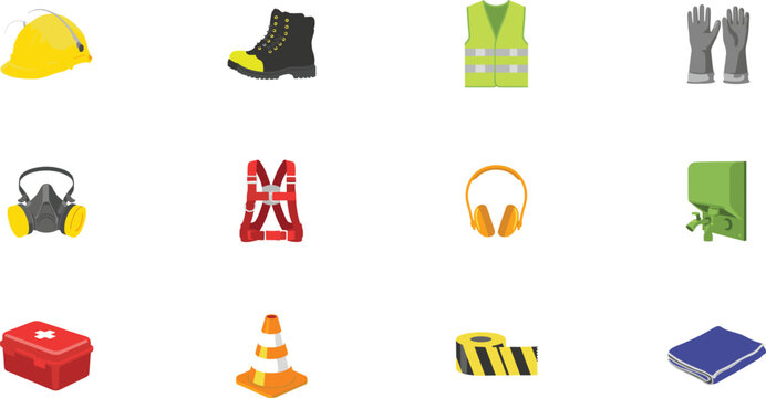 Personal protective equipment vector icon set featuring construction safety helmet boots reflective vest gloves respirator harness ear muffs and first aid kit